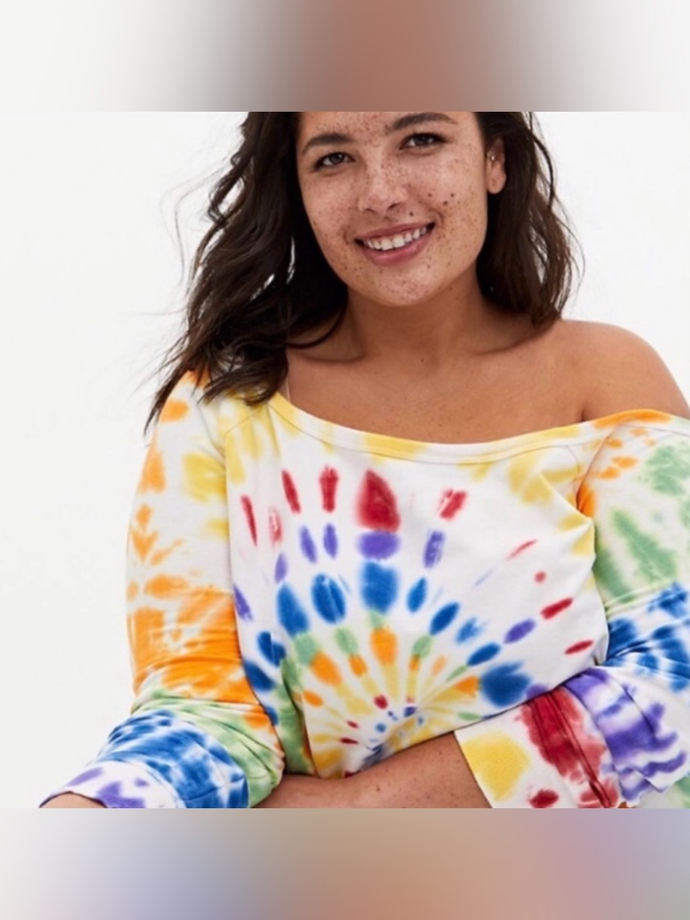 🌈EUC Torrid "Rainbow🌈Tie-Dye Off-The-Shoulder Sweatshirt” White🤍 Sz 2•2X|18-20 - Picture 2 of 12